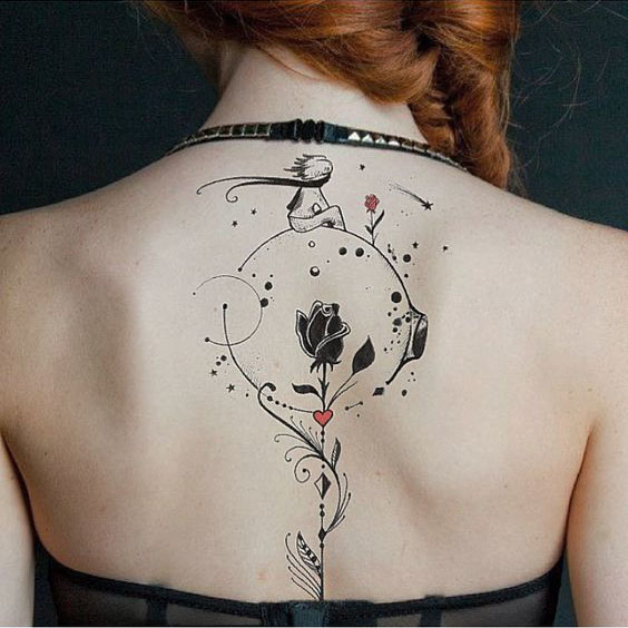 Back tattoos of a woman; Ribbon tattoos; Flower tattoos; Cross tattoos; Little prince tattoos; Symbol tattoo; Pattern tattoos; Back tattoos