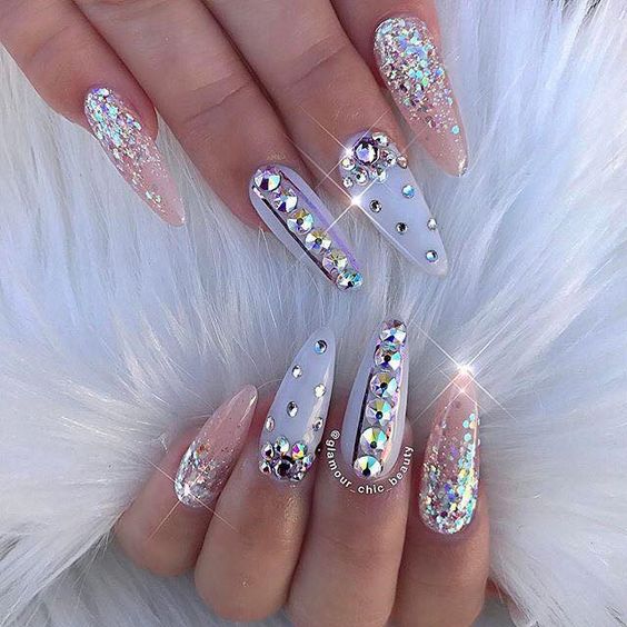 sparkling；Pointed；matte；acrylic；long；glitter；jewels