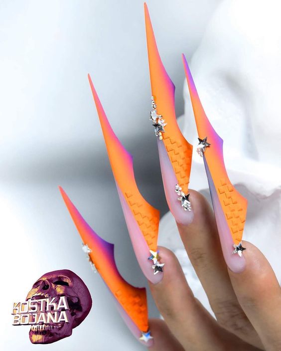 Long pointed nails; Extra long nails; Nail art; Long nail art; Sharp nails