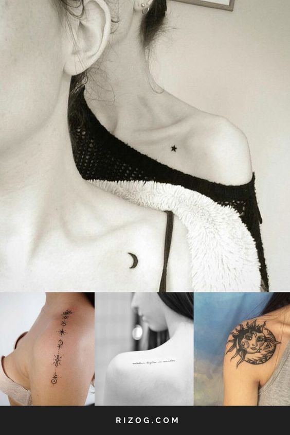 Shoulder Tattoos for Women; Moon planetary symbol temporary tattoo; Simple quote tattoos; Flower tattoos; Bird tattoos; Music symbol tattoo