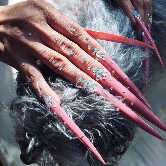 Long pointed nails; Extra long nails; Nail art; Long nail art; Sharp nails