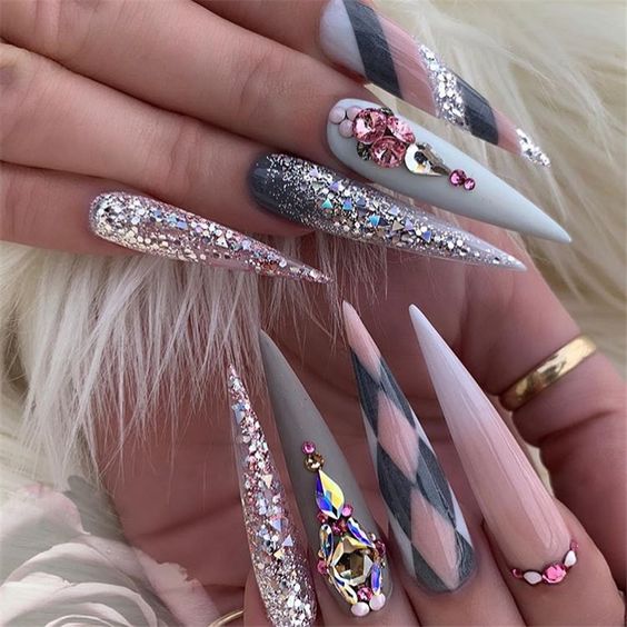 sparkling；Pointed；matte；acrylic；long；glitter；jewels