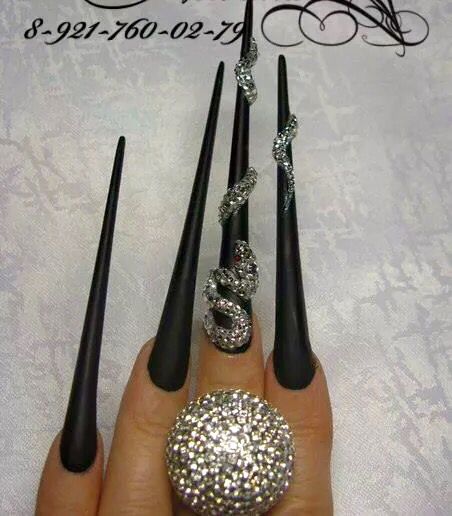 Long pointed nails; Extra long nails; Nail art; Long nail art; Sharp nails