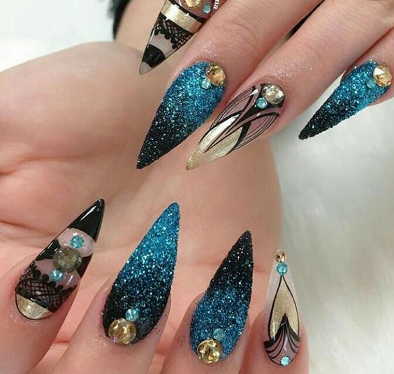 sparkling；Pointed；matte；acrylic；long；glitter；jewels